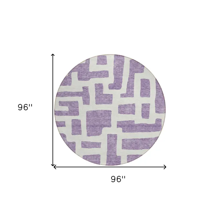 8' Purple And Ivory Round Abstract Washable Indoor Outdoor Area Rug