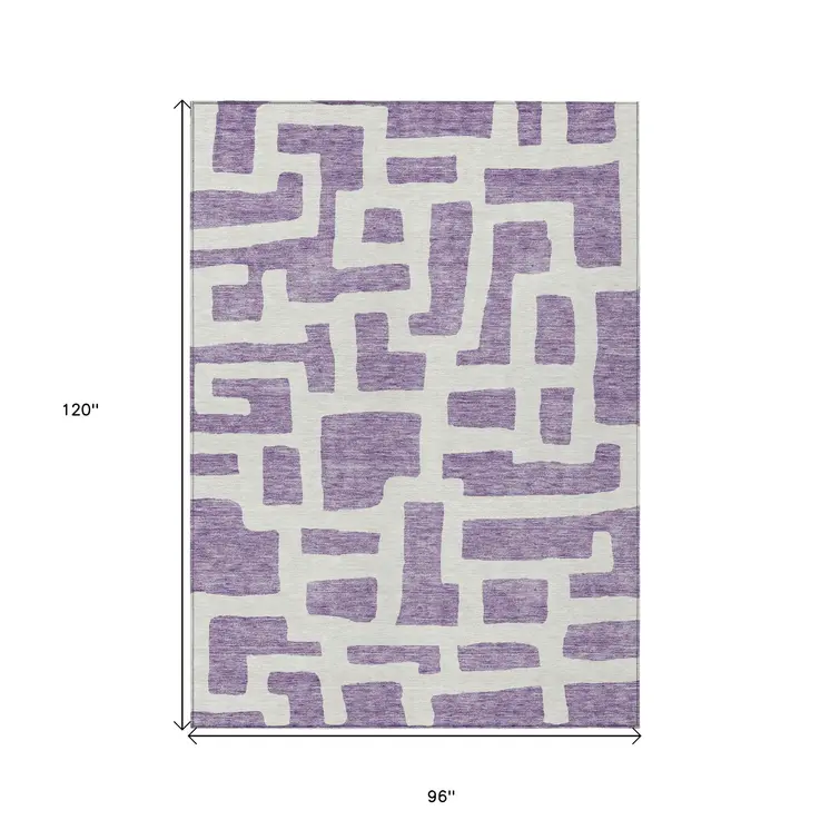 8' X 10' Purple And Ivory Abstract Washable Indoor Outdoor Area Rug