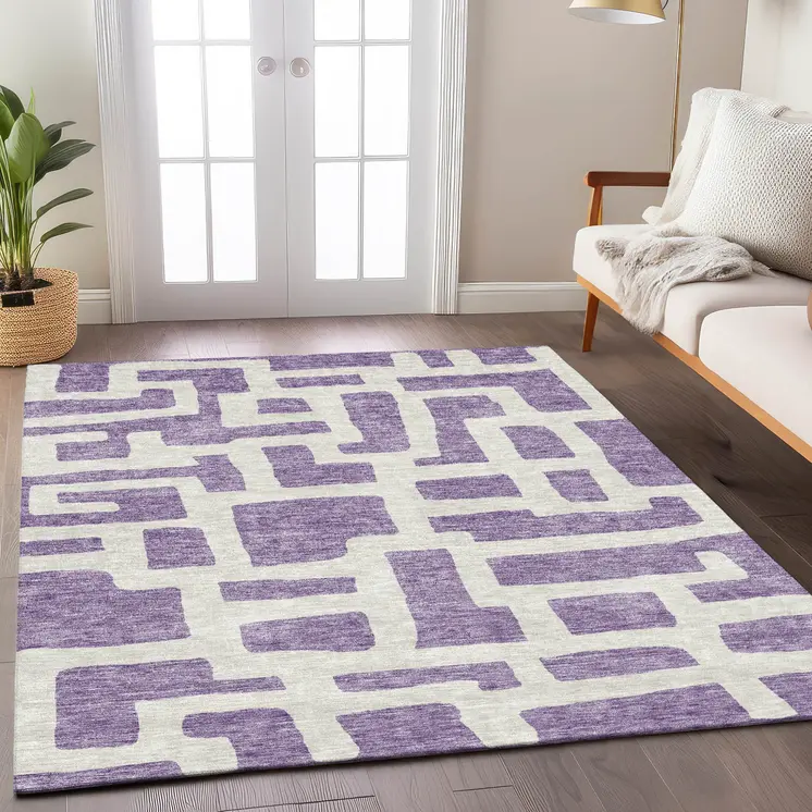 10' X 14' Purple And Ivory Abstract Washable Indoor Outdoor Area Rug
