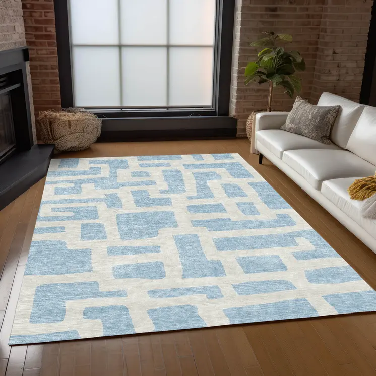 3' X 5' Sky Blue And Ivory Abstract Washable Indoor Outdoor Area Rug