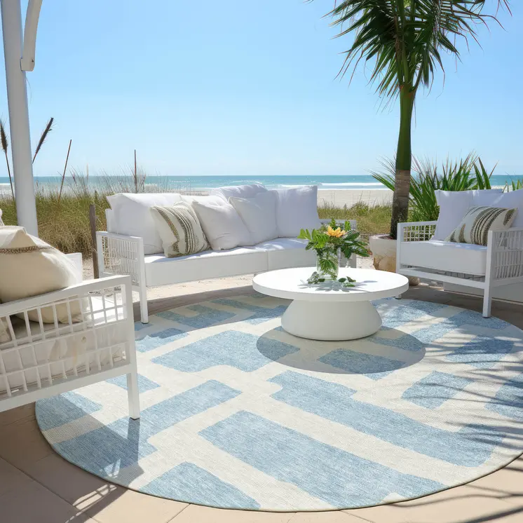 8' Sky Blue And Ivory Round Abstract Washable Indoor Outdoor Area Rug