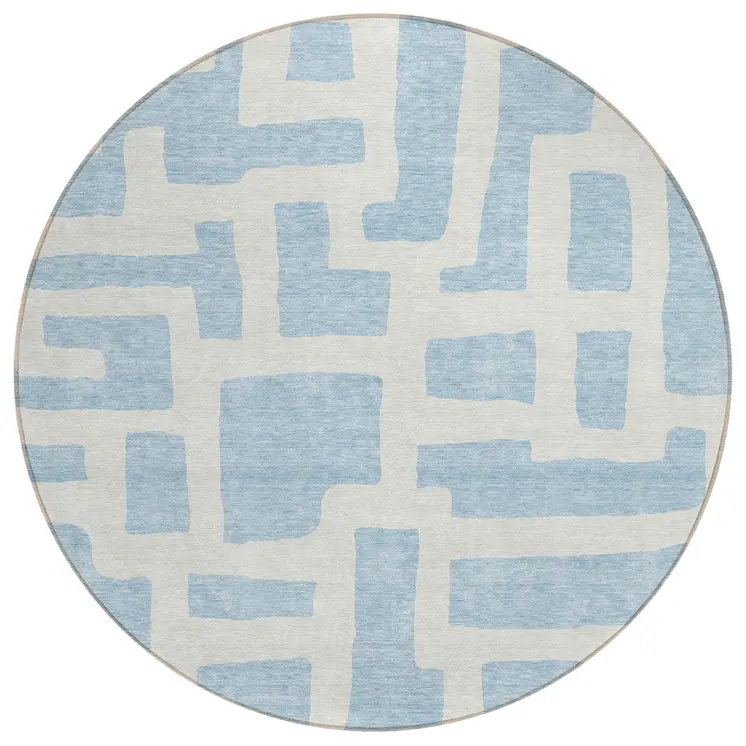 8' Sky Blue And Ivory Round Abstract Washable Indoor Outdoor Area Rug