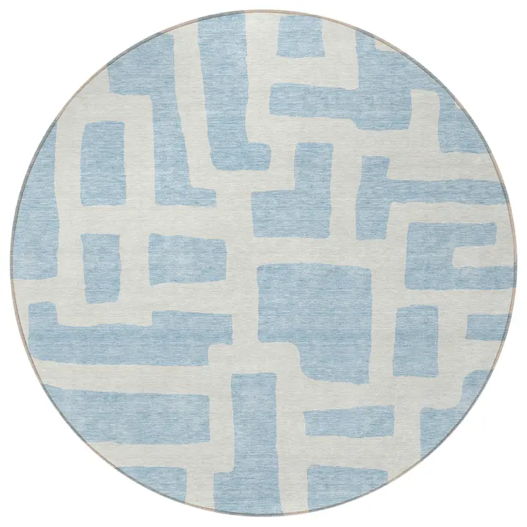 8' Sky Blue And Ivory Round Abstract Washable Indoor Outdoor Area Rug
