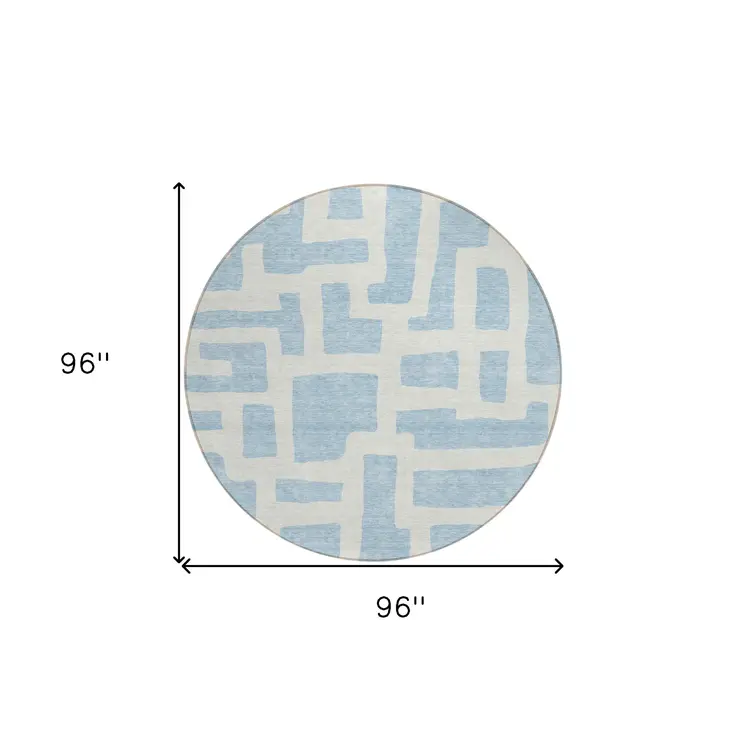 8' Sky Blue And Ivory Round Abstract Washable Indoor Outdoor Area Rug