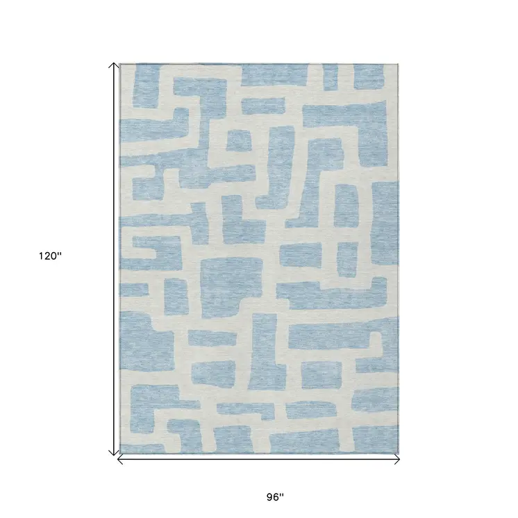 8' X 10' Sky Blue And Ivory Abstract Washable Indoor Outdoor Area Rug