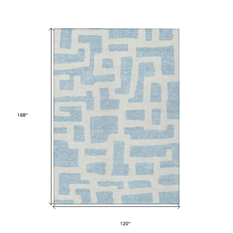 10' X 14' Sky Blue And Ivory Abstract Washable Indoor Outdoor Area Rug