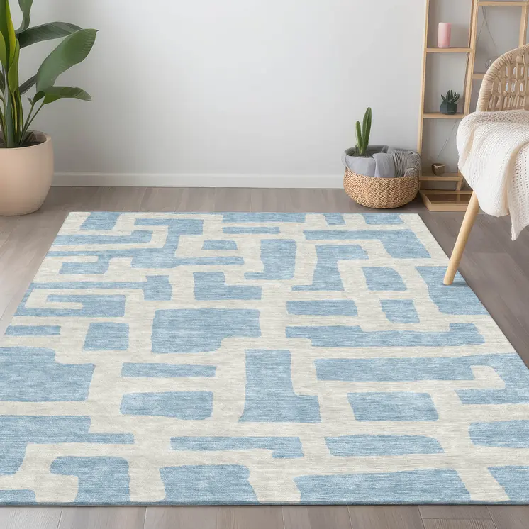 10' X 14' Sky Blue And Ivory Abstract Washable Indoor Outdoor Area Rug