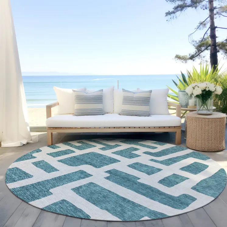 8' Teal Blue And Ivory Round Abstract Washable Indoor Outdoor Area Rug