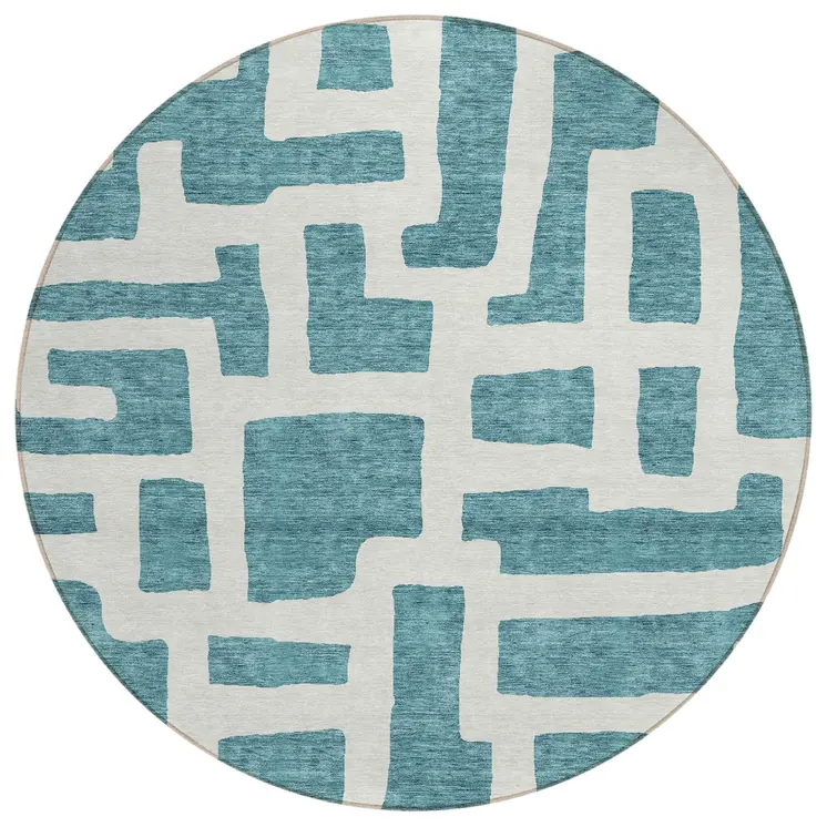 8' Teal Blue And Ivory Round Abstract Washable Indoor Outdoor Area Rug