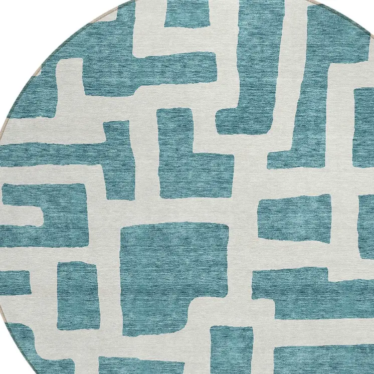8' Teal Blue And Ivory Round Abstract Washable Indoor Outdoor Area Rug