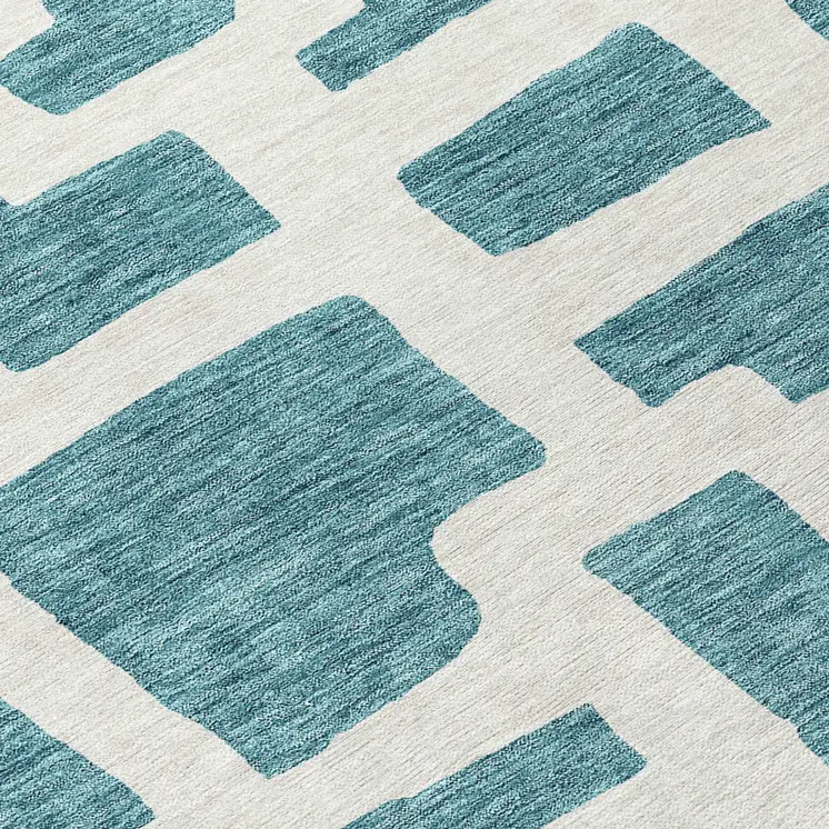 8' Teal Blue And Ivory Round Abstract Washable Indoor Outdoor Area Rug