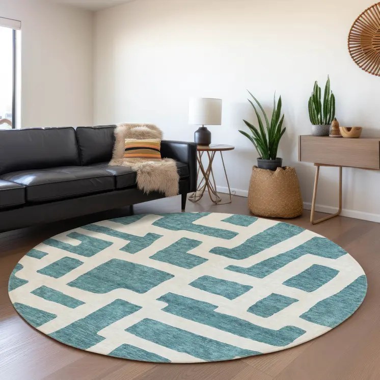 8' Teal Blue And Ivory Round Abstract Washable Indoor Outdoor Area Rug