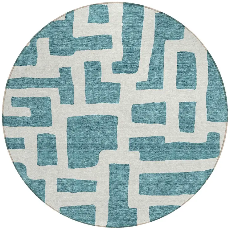 8' Teal Blue And Ivory Round Abstract Washable Indoor Outdoor Area Rug