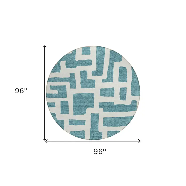 8' Teal Blue And Ivory Round Abstract Washable Indoor Outdoor Area Rug