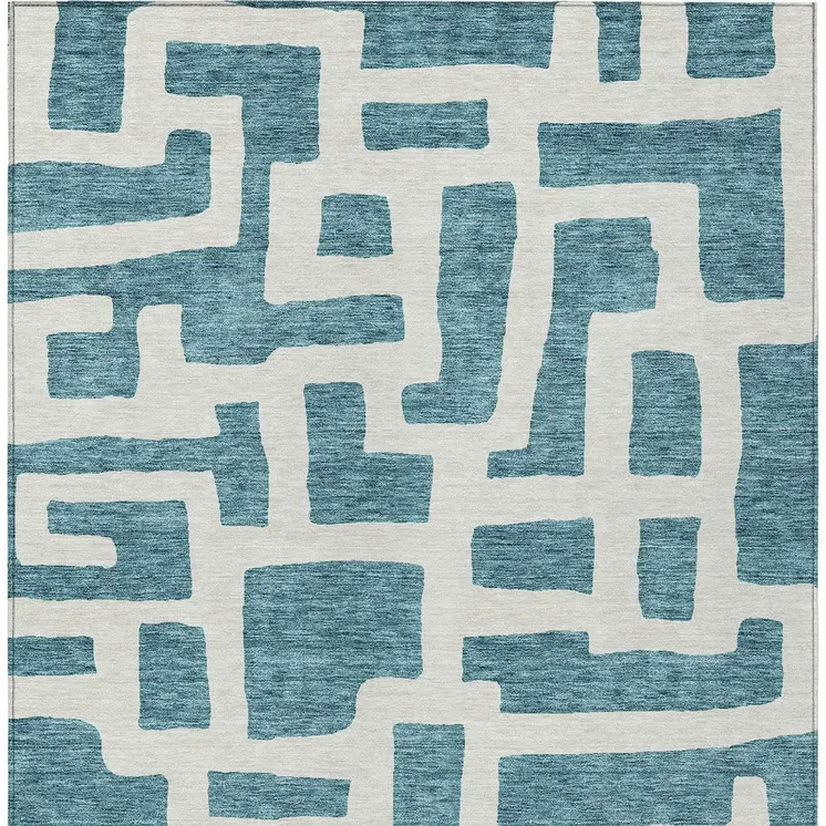 8' X 10' Teal Blue And Ivory Abstract Washable Indoor Outdoor Area Rug