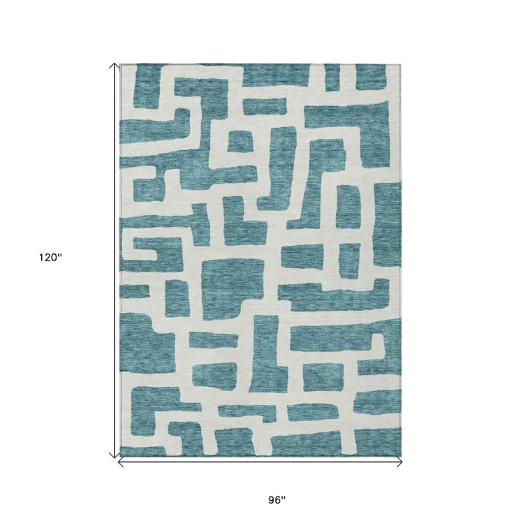 8' X 10' Teal Blue And Ivory Abstract Washable Indoor Outdoor Area Rug