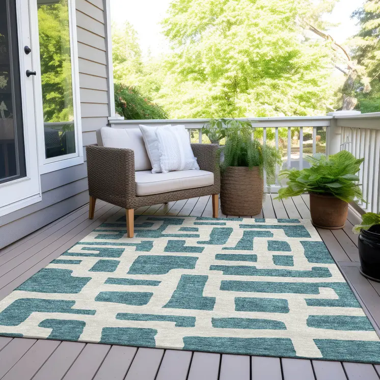 8' X 10' Teal Blue And Ivory Abstract Washable Indoor Outdoor Area Rug