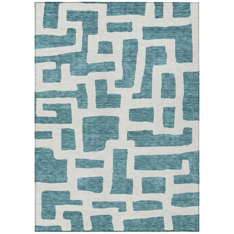 8' X 10' Teal Blue And Ivory Abstract Washable Indoor Outdoor Area Rug