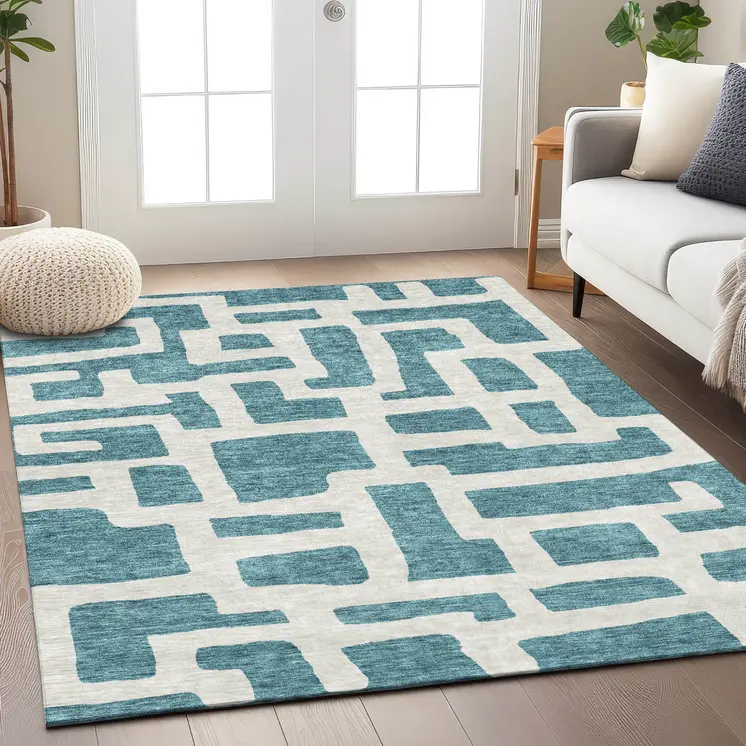 8' X 10' Teal Blue And Ivory Abstract Washable Indoor Outdoor Area Rug