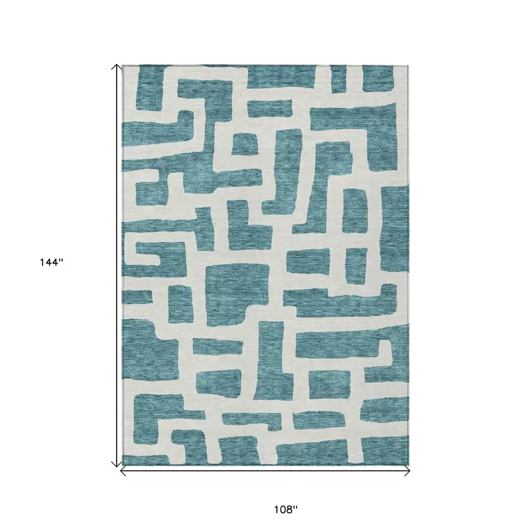9' X 12' Teal Blue And Ivory Abstract Washable Indoor Outdoor Area Rug