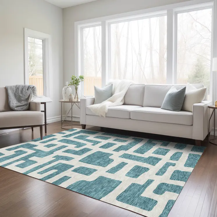 10' X 14' Teal Blue And Ivory Abstract Washable Indoor Outdoor Area Rug