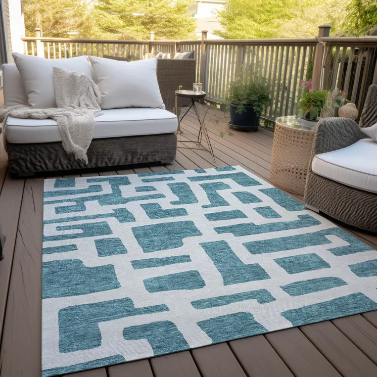 10' X 14' Teal Blue And Ivory Abstract Washable Indoor Outdoor Area Rug