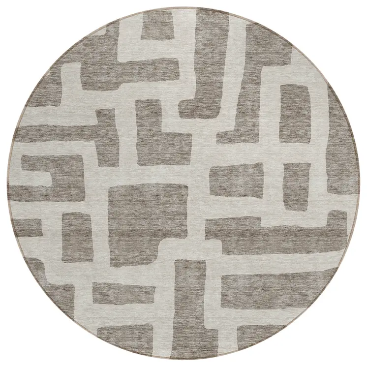 8' Taupe And Gray Round Abstract Washable Indoor Outdoor Area Rug