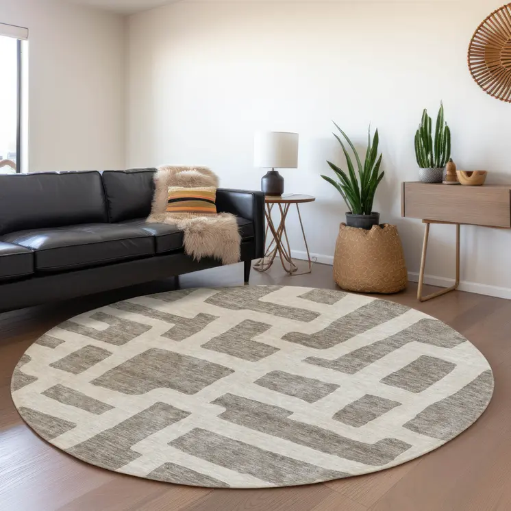 8' Taupe And Gray Round Abstract Washable Indoor Outdoor Area Rug