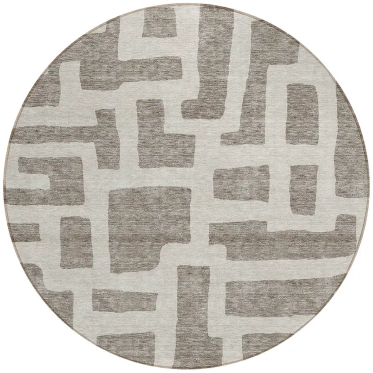 8' Taupe And Gray Round Abstract Washable Indoor Outdoor Area Rug