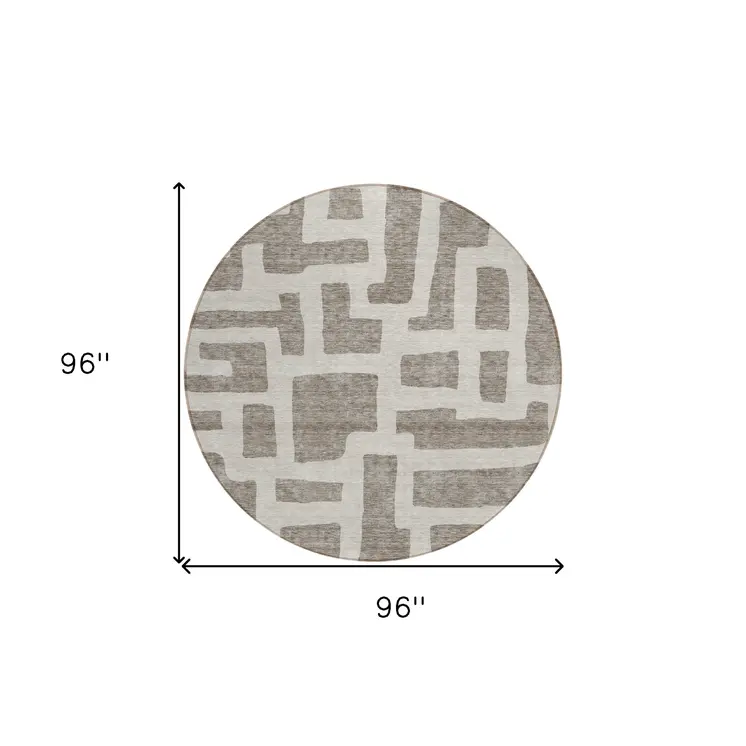 8' Taupe And Gray Round Abstract Washable Indoor Outdoor Area Rug