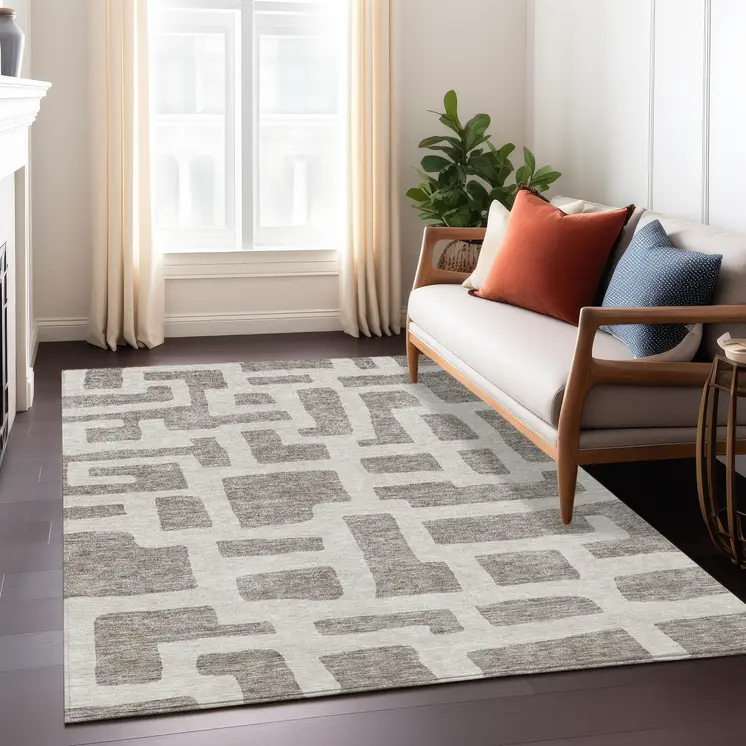 10' X 14' Taupe And Gray Abstract Washable Indoor Outdoor Area Rug