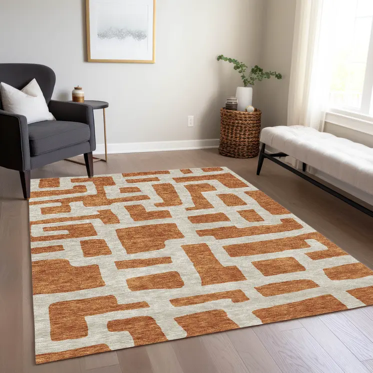 3' X 5' Terra Cotta And Gray Abstract Washable Indoor Outdoor Area Rug