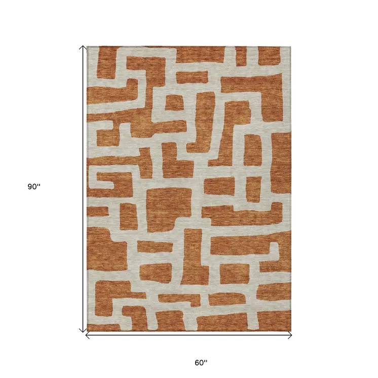5' X 8' Terra Cotta And Gray Abstract Washable Indoor Outdoor Area Rug