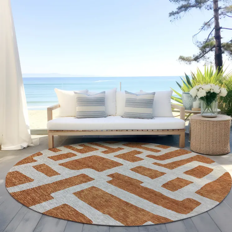 8' Terra Cotta And Gray Round Abstract Washable Indoor Outdoor Area Rug