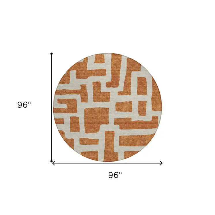 8' Terra Cotta And Gray Round Abstract Washable Indoor Outdoor Area Rug