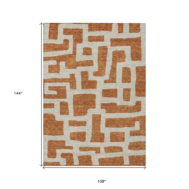 9' X 12' Terra Cotta And Gray Abstract Washable Indoor Outdoor Area Rug