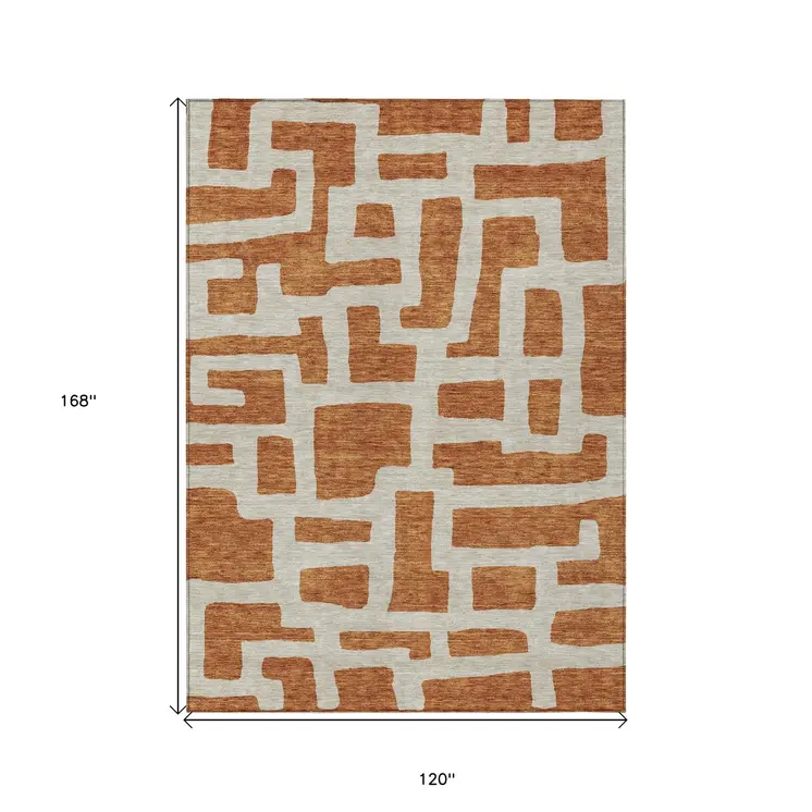 10' X 14' Terra Cotta And Gray Abstract Washable Indoor Outdoor Area Rug