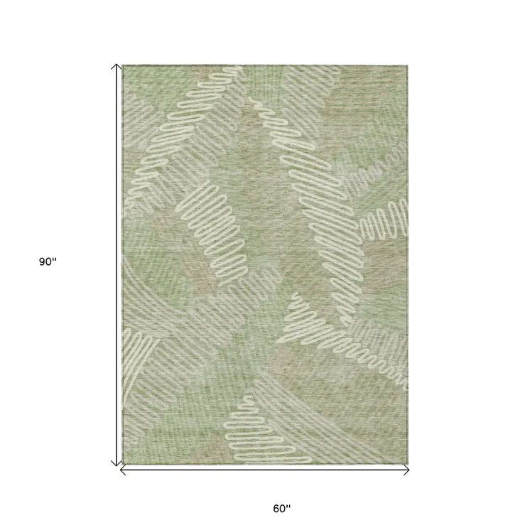 5' X 8' Artichoke Green Brown And Ivory Floral Washable Indoor Outdoor Area Rug