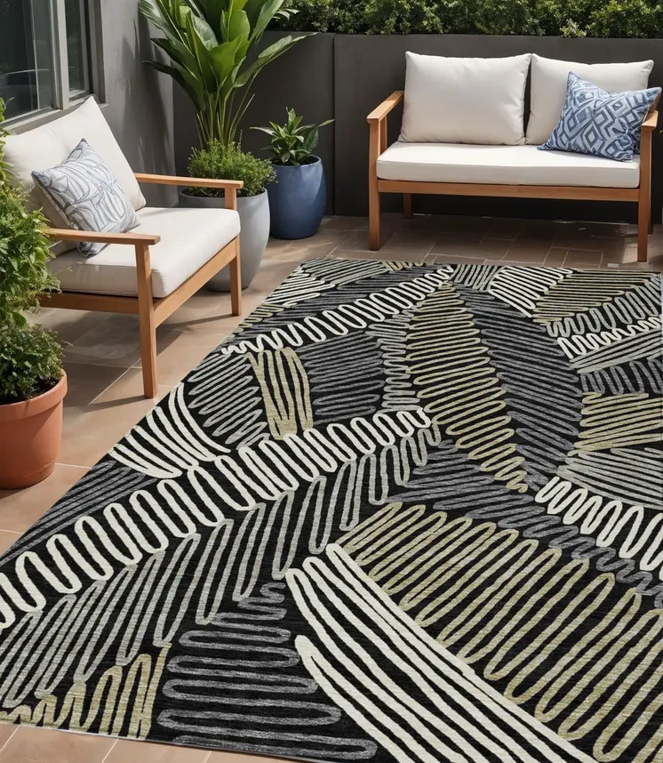 5' X 8' Black Gray And Ivory Floral Washable Indoor Outdoor Area Rug