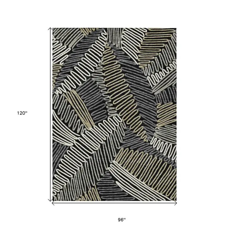 8' X 10' Black Gray And Ivory Floral Washable Indoor Outdoor Area Rug