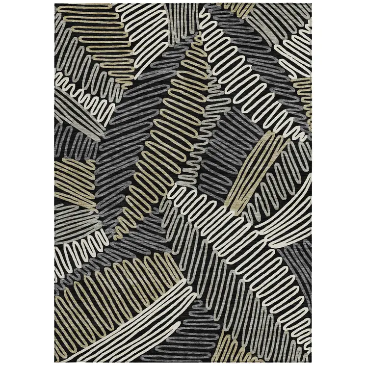 9' X 12' Black Gray And Ivory Floral Washable Indoor Outdoor Area Rug