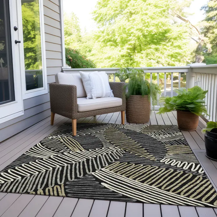 9' X 12' Black Gray And Ivory Floral Washable Indoor Outdoor Area Rug