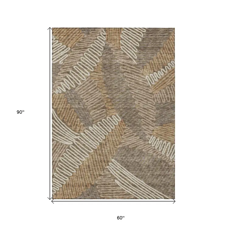 5' X 8' Brown And Ivory Floral Washable Indoor Outdoor Area Rug