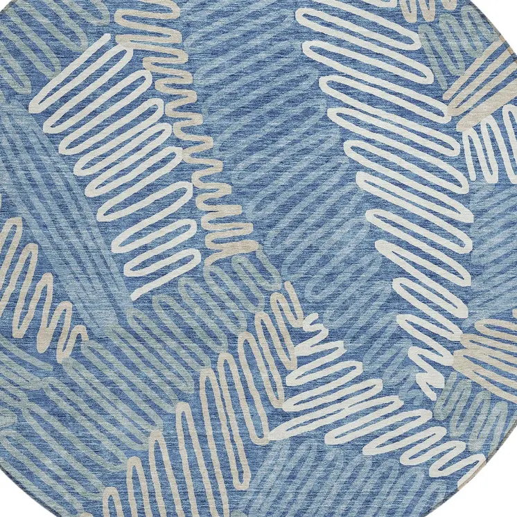 8' Blue Gray And Ivory Round Floral Washable Indoor Outdoor Area Rug