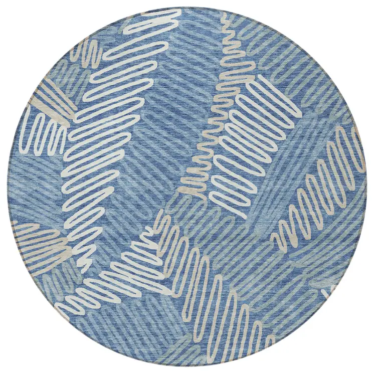 8' Blue Gray And Ivory Round Floral Washable Indoor Outdoor Area Rug