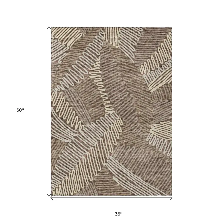 3' X 5' Chocolate And Ivory Floral Washable Indoor Outdoor Area Rug
