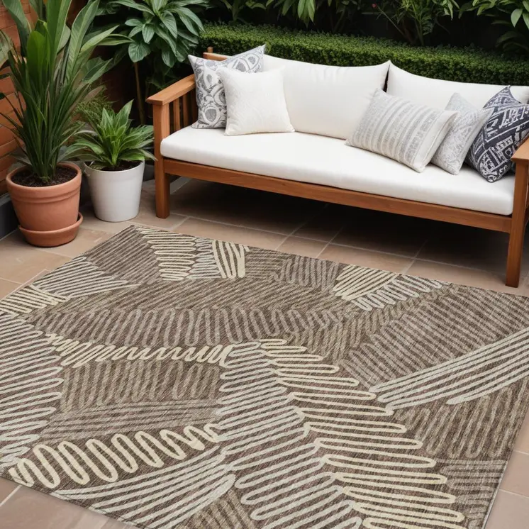 8' X 10' Chocolate And Ivory Floral Washable Indoor Outdoor Area Rug