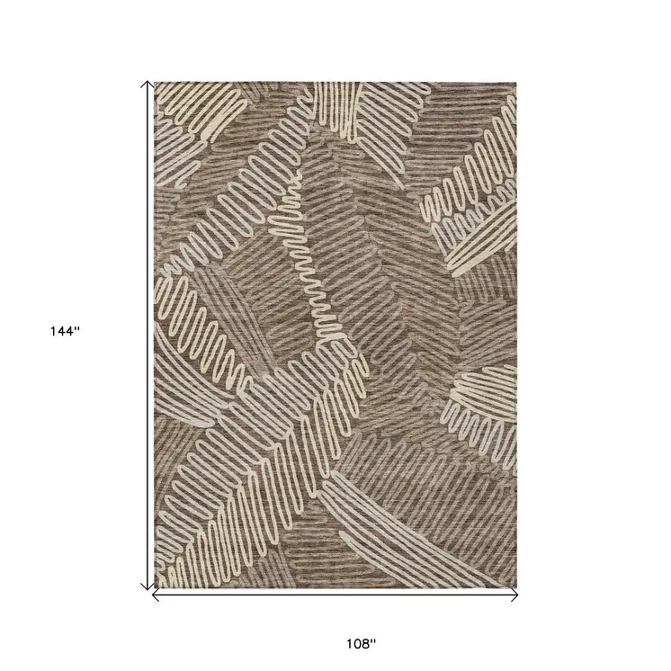 9' X 12' Chocolate And Ivory Floral Washable Indoor Outdoor Area Rug