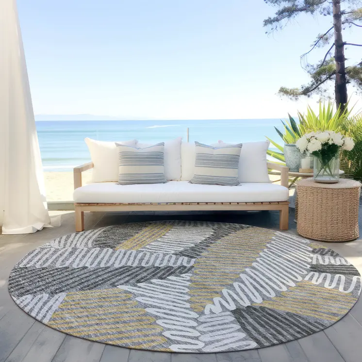 8' Gray Beige And Ivory Round Floral Washable Indoor Outdoor Area Rug