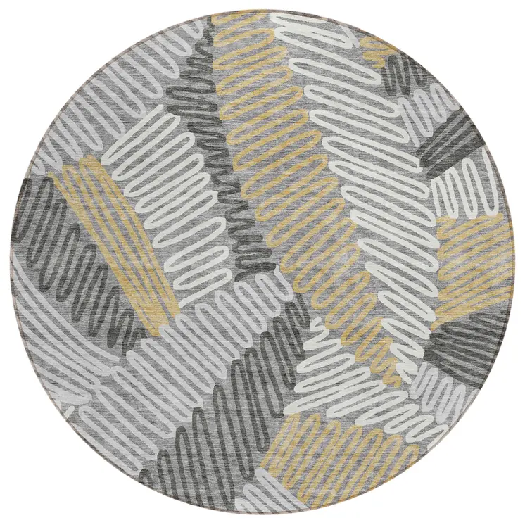 8' Gray Beige And Ivory Round Floral Washable Indoor Outdoor Area Rug